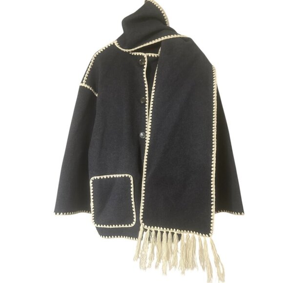 Embroidered Scarf Jacket Dark Grey Wool Size 0 Crochet Fringe Oversized Boho - Picture 9 of 9